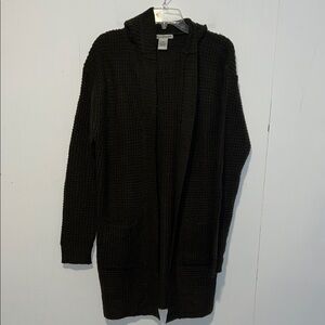 Elegant Black Hooded Cardigan Sweater Waffle Knit HU